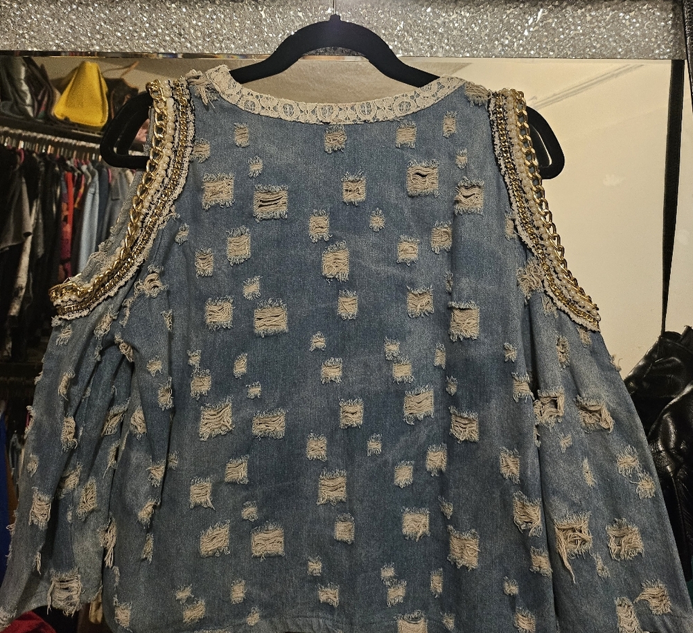 Distressed Denim Cold Shoulder Top - Picture 2 of 7